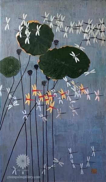 Autumn Afternoon weaves together lotus and dragonfly motifs in a balanced, minimalist composition.