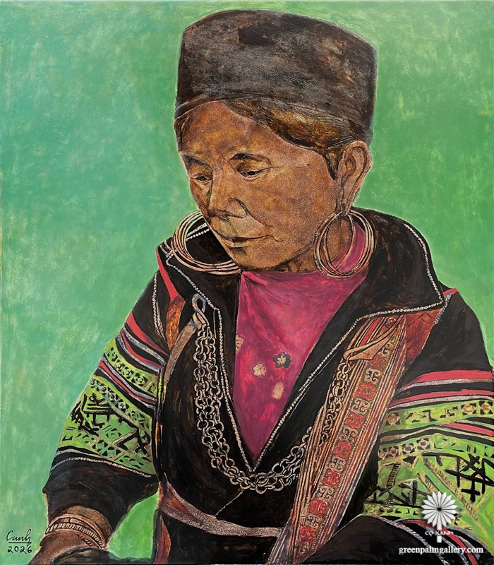 The brocade-inspired patterns in “Meditation” add cultural richness and visual depth to the artwork