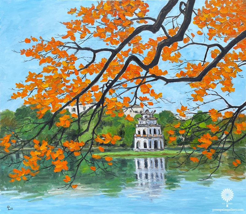 Tháp Rùa và mặt hồ phẳng lặng tạo cảm giác yên bình cho tác phẩm của Phạm Luận.