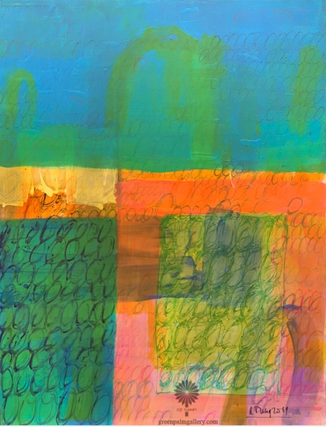 The artwork “Plus O on Pink & Green” explores the recurring zero motif in La Quy Tung’s abstract vocabulary