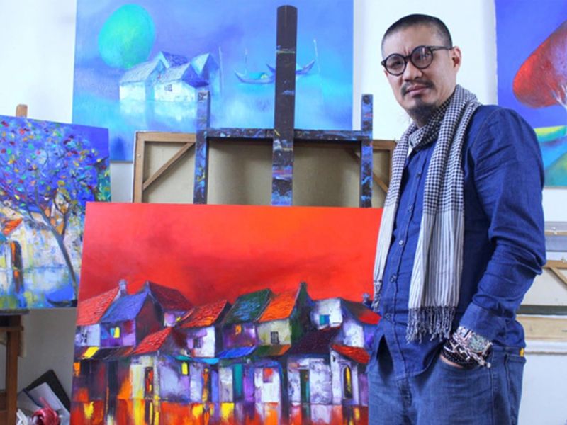 Dao Hai Phong is known for his distinctive use of bold color fields depicting rural landscapes, waterways, and architectural forms.