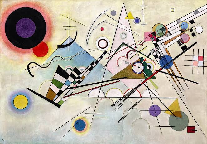 Composition VIII (1923) của Wassily Kandinsky nổi bật với sự kết hợp giữa hình học, đường nét và màu sắc.