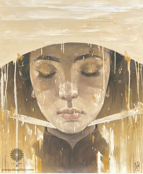 Cream, earthy brown, and golden tones create a warm atmosphere in Girl and Conical Hat II by Phuong Quoc Tri.